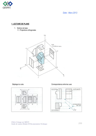 Date : Mars 2013

1. LECTURE DE PLANS
1. Notions de base
1.1. Projections orthogonales

Dépliage du cube

Filière Usinage sur MOCN
Guide de soutien Module 08 Documentation Technique

Correspondance entre les vues

2/53

 