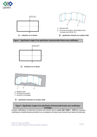 Figure 3 : Signification imagée d'une spécification dimensionnelle linéaire sans modificateur

Figure 4 : Signification imagée d'une spécification dimensionnelle linéaire avec modificateur
enveloppe
D’autres modificateurs et extensions d’écriture sont donnés dans la norme ISO 14405-1 - 2010.Ces nouveaux
modificateurs complémentaires permettront aux concepteurs de traduire plus finement leurs besoins fonctionnels.

Filière Usinage sur MOCN
Guide de soutien Module 08 Documentation Technique

22/53

 