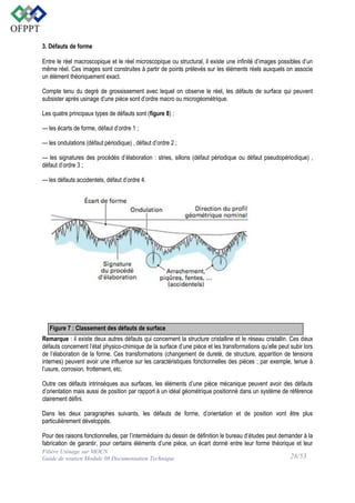 3. Défauts de forme
Entre le réel macroscopique et le réel microscopique ou structural, il existe une infinité d’images possibles d’un
même réel. Ces images sont construites à partir de points prélevés sur les éléments réels auxquels on associe
un élément théoriquement exact.
Compte tenu du degré de grossissement avec lequel on observe le réel, les défauts de surface qui peuvent
subsister après usinage d’une pièce sont d’ordre macro ou microgéométrique.
Les quatre principaux types de défauts sont (figure 8) :
— les écarts de forme, défaut d’ordre 1 ;
— les ondulations (défaut périodique) , défaut d’ordre 2 ;
— les signatures des procédés d’élaboration : stries, sillons (défaut périodique ou défaut pseudopériodique) ,
défaut d’ordre 3 ;
— les défauts accidentels, défaut d’ordre 4.

Figure 7 : Classement des défauts de surface
Remarque : il existe deux autres défauts qui concernent la structure cristalline et le réseau cristallin. Ces deux
défauts concernent l’état physico-chimique de la surface d’une pièce et les transformations qu’elle peut subir lors
de l’élaboration de la forme. Ces transformations (changement de dureté, de structure, apparition de tensions
internes) peuvent avoir une influence sur les caractéristiques fonctionnelles des pièces ; par exemple, tenue à
l’usure, corrosion, frottement, etc.
Outre ces défauts intrinsèques aux surfaces, les éléments d’une pièce mécanique peuvent avoir des défauts
d’orientation mais aussi de position par rapport à un idéal géométrique positionné dans un système de référence
clairement défini.
Dans les deux paragraphes suivants, les défauts de forme, d’orientation et de position vont être plus
particulièrement développés.
Pour des raisons fonctionnelles, par l’intermédiaire du dessin de définition le bureau d’études peut demander à la
fabrication de garantir, pour certains éléments d’une pièce, un écart donné entre leur forme théorique et leur
Filière Usinage sur MOCN
Guide de soutien Module 08 Documentation Technique

28/53

 