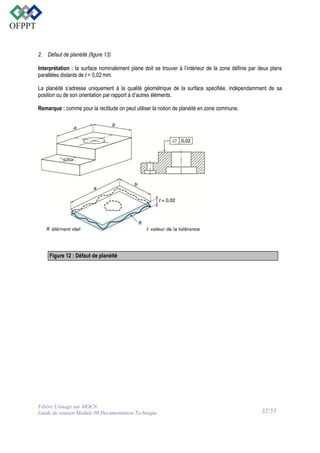 2. Défaut de planéité (figure 13)
Interprétation : la surface nominalement plane doit se trouver à l’intérieur de la zone définie par deux plans
parallèles distants de t = 0,02 mm.
La planéité s’adresse uniquement à la qualité géométrique de la surface spécifiée, indépendamment de sa
position ou de son orientation par rapport à d’autres éléments.
Remarque : comme pour la rectitude on peut utiliser la notion de planéité en zone commune.

Figure 12 : Défaut de planéité

Filière Usinage sur MOCN
Guide de soutien Module 08 Documentation Technique

32/53

 