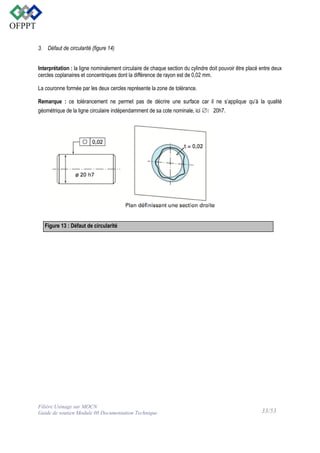 3. Défaut de circularité (figure 14)
Interprétation : la ligne nominalement circulaire de chaque section du cylindre doit pouvoir être placé entre deux
cercles coplanaires et concentriques dont la différence de rayon est de 0,02 mm.
La couronne formée par les deux cercles représente la zone de tolérance.
Remarque : ce tolérancement ne permet pas de décrire une surface car il ne s’applique qu’à la qualité
géométrique de la ligne circulaire indépendamment de sa cote nominale, ici ∅20h7.

Figure 13 : Défaut de circularité

Filière Usinage sur MOCN
Guide de soutien Module 08 Documentation Technique

33/53

 