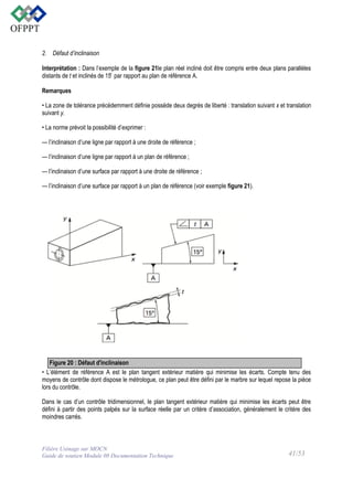 2. Défaut d’inclinaison
Interprétation : Dans l’exemple de la figure 21le plan réel incliné doit être compris entre deux plans parallèles
distants de t et inclinés de 15 ̊ par rapport au plan de référence A.
Remarques
• La zone de tolérance précédemment définie possède deux degrés de liberté : translation suivant x et translation
suivant y.
• La norme prévoit la possibilité d’exprimer :
— l’inclinaison d’une ligne par rapport à une droite de référence ;
— l’inclinaison d’une ligne par rapport à un plan de référence ;
— l’inclinaison d’une surface par rapport à une droite de référence ;
— l’inclinaison d’une surface par rapport à un plan de référence (voir exemple figure 21).

Figure 20 : Défaut d'inclinaison
• L’élément de référence A est le plan tangent extérieur matière qui minimise les écarts. Compte tenu des
moyens de contrôle dont dispose le métrologue, ce plan peut être défini par le marbre sur lequel repose la pièce
lors du contrôle.
Dans le cas d’un contrôle tridimensionnel, le plan tangent extérieur matière qui minimise les écarts peut être
défini à partir des points palpés sur la surface réelle par un critère d’association, généralement le critère des
moindres carrés.

Filière Usinage sur MOCN
Guide de soutien Module 08 Documentation Technique

41/53

 