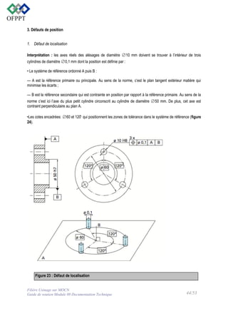3. Défauts de position
1. Défaut de localisation
Interprétation : les axes réels des alésages de diamètre ∅10 mm doivent se trouver à l’intérieur de trois
cylindres de diamètre ∅0,1 mm dont la position est définie par :
• Le système de référence ordonné A puis B :
— A est la référence primaire ou principale. Au sens de la norme, c’est le plan tangent extérieur matière qui
minimise les écarts ;
— B est la référence secondaire qui est contrainte en position par rapport à la référence primaire. Au sens de la
norme c’est ici l’axe du plus petit cylindre circonscrit au cylindre de diamètre ∅50 mm. De plus, cet axe est
contraint perpendiculaire au plan A.
•Les cotes encadrées: ∅60 et 120 ̊ qui positionnent les zones de tolérance dans le système de référence (figure
24).

Figure 23 : Défaut de localisation

Filière Usinage sur MOCN
Guide de soutien Module 08 Documentation Technique

44/53

 