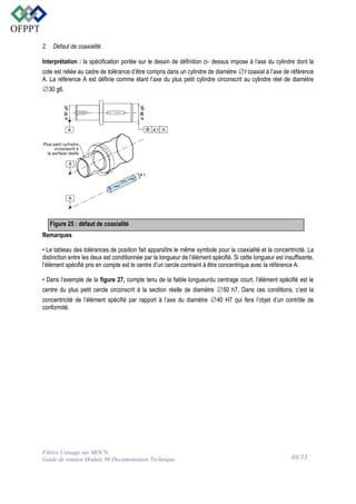 2. Défaut de coaxialité
Interprétation : la spécification portée sur le dessin de définition ci- dessus impose à l’axe du cylindre dont la
cote est reliée au cadre de tolérance d’être compris dans un cylindre de diamètre ∅t coaxial à l’axe de référence
A. La référence A est définie comme étant l’axe du plus petit cylindre circonscrit au cylindre réel de diamètre
∅30 g6.

Figure 25 : défaut de coaxialité
Remarques
• Le tableau des tolérances de position fait apparaître le même symbole pour la coaxialité et la concentricité. La
distinction entre les deux est conditionnée par la longueur de l’élément spécifié. Si cette longueur est insuffisante,
l’élément spécifié pris en compte est le centre d’un cercle contraint à être concentrique avec la référence A.
• Dans l’exemple de la figure 27, compte tenu de la faible longueurdu centrage court, l’élément spécifié est le
centre du plus petit cercle circonscrit à la section réelle de diamètre ∅50 h7. Dans ces conditions, c’est la
concentricité de l’élément spécifié par rapport à l’axe du diamètre ∅40 H7 qui fera l’objet d’un contrôle de
conformité.

Filière Usinage sur MOCN
Guide de soutien Module 08 Documentation Technique

46/53

 