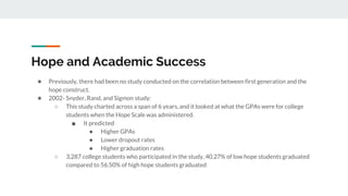 Hope and Academic Success
★ Previously, there had been no study conducted on the correlation between first generation and the
hope construct.
★ 2002- Snyder, Rand, and Sigmon study:
○ This study charted across a span of 6 years, and it looked at what the GPAs were for college
students when the Hope Scale was administered.
■ It predicted
● Higher GPAs
● Lower dropout rates
● Higher graduation rates
○ 3,287 college students who participated in the study, 40.27% of low hope students graduated
compared to 56.50% of high hope students graduated
 