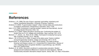 References
Anderson, J. R. (1988).The role of hope in appraisal, goal-setting, expectancy,and
coping. Unpublished dissertation. University of Kansas, Lawrence.
Anderson, N. (2004). "A good student, trapped": Urban minority males and constructions
of academic achievement. Perspectives in Education, 22(4), 71-82.
Astin, A. W. (1996). Involvement in learning revisited: Lessons we have learned. Journal
of College Student Personnel, 37(2), 123.
Barefoot, B. O. (2004). Higher education's revolving door: Confronting the problem of
student drop out in U.S. colleges and universities. Open Learning, 19(1), 9-18.
Bertrand, J. T., Brown, J.E., Ward, W. M. (1992). Techniques for analyzing focus group
data. Evaluation Review, 16 (2), 198-209.
Billson, J. M., & Terry, M. B. (1982). In search of the silken purse: Factors in attrition
among first-generation students. College and University, 58 (1), 57-75.
Boyd-Franklin, N., & Garcia-Preto, N. (1994). Family therapy: The cases of African
American and Hispanic women. In L. Comas-Diaz & B. Greene (Eds.), Women of
color: Integrating ethnic and gender identities in psychotherapy. (pp. 239-264)
New York: Guilford Press.
Bradburn, E. M. (2002). Short-term enrollment in postsecondary education: Student
background and institutional differences in reasons for early departure, 1996-98.
Postsecondary education descriptive analysis reports. Jessup, MD: U.S. Dept. of Education.
 
