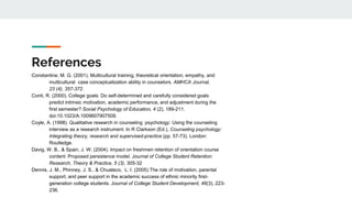 References
Constantine, M. G. (2001). Multicultural training, theoretical orientation, empathy, and
multicultural case conceptualization ability in counselors. AMHCA Journal,
23 (4), 357-372.
Conti, R. (2000). College goals: Do self-determined and carefully considered goals
predict intrinsic motivation, academic performance, and adjustment during the
first semester? Social Psychology of Education, 4 (2), 189-211.
doi:10.1023/A:1009607907509.
Coyle, A. (1998). Qualitative research in counseling psychology: Using the counseling
interview as a research instrument. In R Clarkson (Ed.), Counseling psychology:
Integrating theory, research and supervised-practice (pp. 57-73). London:
Routledge.
Davig, W. B., & Spain, J. W. (2004). Impact on freshmen retention of orientation course
content: Proposed persistence model. Journal of College Student Retention:
Research, Theory & Practice, 5 (3), 305-32
Dennis, J. M., Phinney, J. S., & Chuateco, L. I. (2005).The role of motivation, parental
support, and peer support in the academic success of ethnic minority first-
generation college students. Journal of College Student Development, 46(3), 223-
236.
 