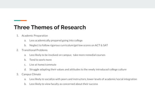 Three Themes of Research
1. Academic Preparation
a. Less academically prepared going into college
b. Neglect to follow rigorous curriculum/get low scores on ACT & SAT
2. Transitional Problems
a. Less likely to be involved on campus; take more remedial courses
b. Tend to work more
c. Live at home/commute
d. Struggle adapting their values and attitudes to the newly introduced college culture
3. Campus Climate
a. Less likely to socialize with peers and instructors; lower levels of academic/social integration
b. Less likely to view faculty as concerned about their success
 