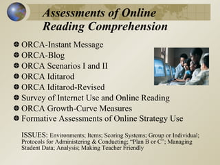 Assessments of Online
        Reading Comprehension
ORCA-Instant Message
ORCA-Blog
ORCA Scenarios I and II
ORCA Iditarod
ORCA Iditarod-Revised
Survey of Internet Use and Online Reading
ORCA Growth-Curve Measures
Formative Assessments of Online Strategy Use
ISSUES: Environments; Items; Scoring Systems; Group or Individual;
Protocols for Administering & Conducting; “Plan B or C”; Managing
Student Data; Analysis; Making Teacher Friendly
 