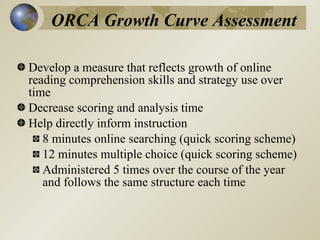 ORCA Growth Curve Assessment

Develop a measure that reflects growth of online
reading comprehension skills and strategy use over
time
Decrease scoring and analysis time
Help directly inform instruction
   8 minutes online searching (quick scoring scheme)
   12 minutes multiple choice (quick scoring scheme)
   Administered 5 times over the course of the year
   and follows the same structure each time
 