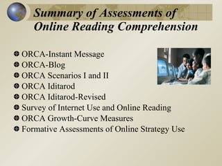 Summary of Assessments of
   Online Reading Comprehension

ORCA-Instant Message
ORCA-Blog
ORCA Scenarios I and II
ORCA Iditarod
ORCA Iditarod-Revised
Survey of Internet Use and Online Reading
ORCA Growth-Curve Measures
Formative Assessments of Online Strategy Use
 