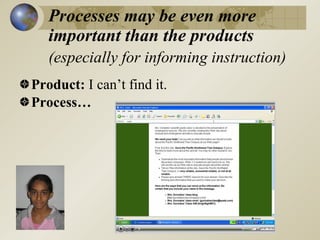 Processes may be even more
   important than the products
   (especially for informing instruction)
Product: I can’t find it.
Process…
 