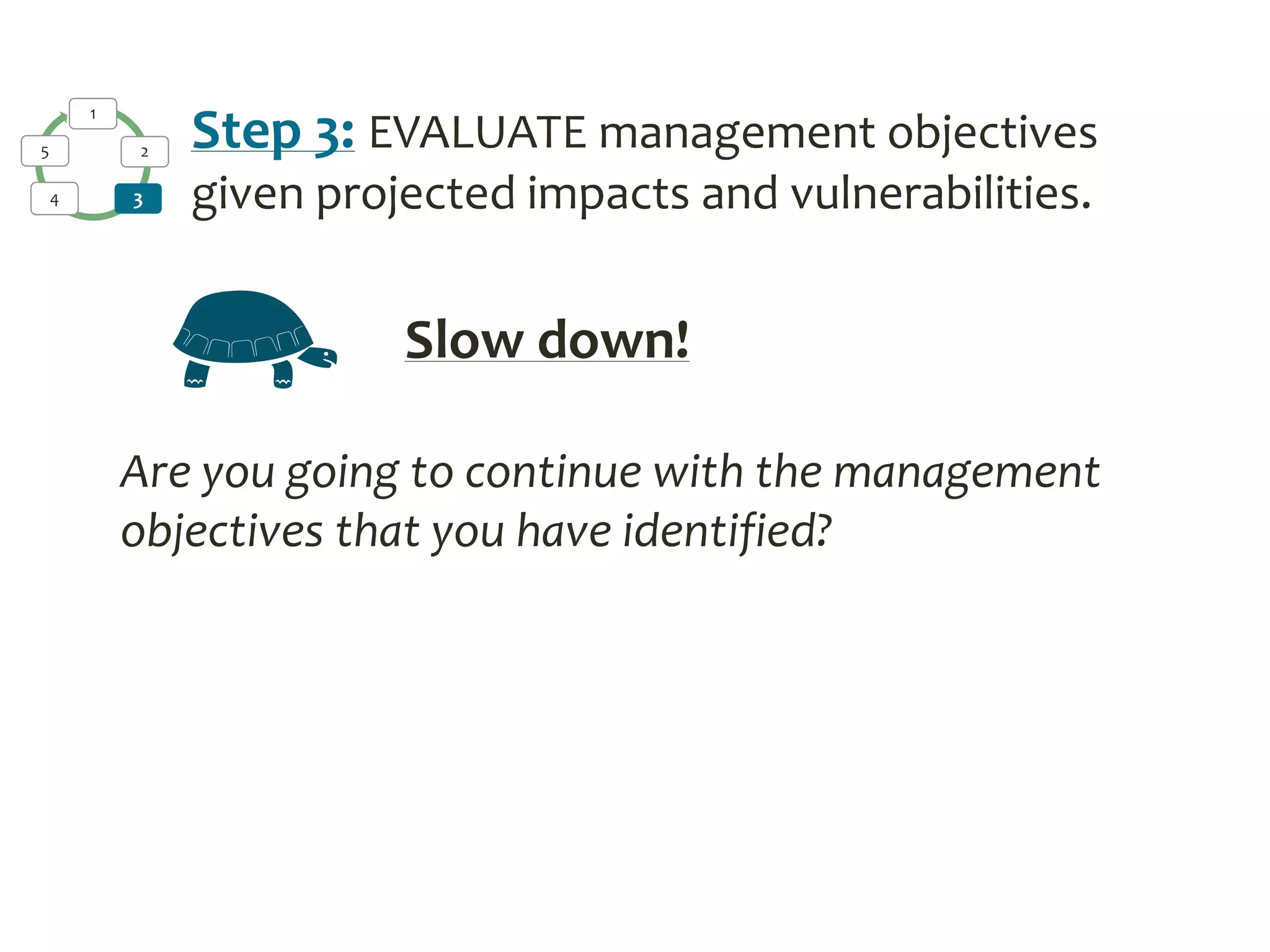 1
2
34
5 Step 3: EVALUATE management objectives
given projected impacts and vulnerabilities.
Slow down!
Are you going to continue with the management
objectives that you have identified?
 