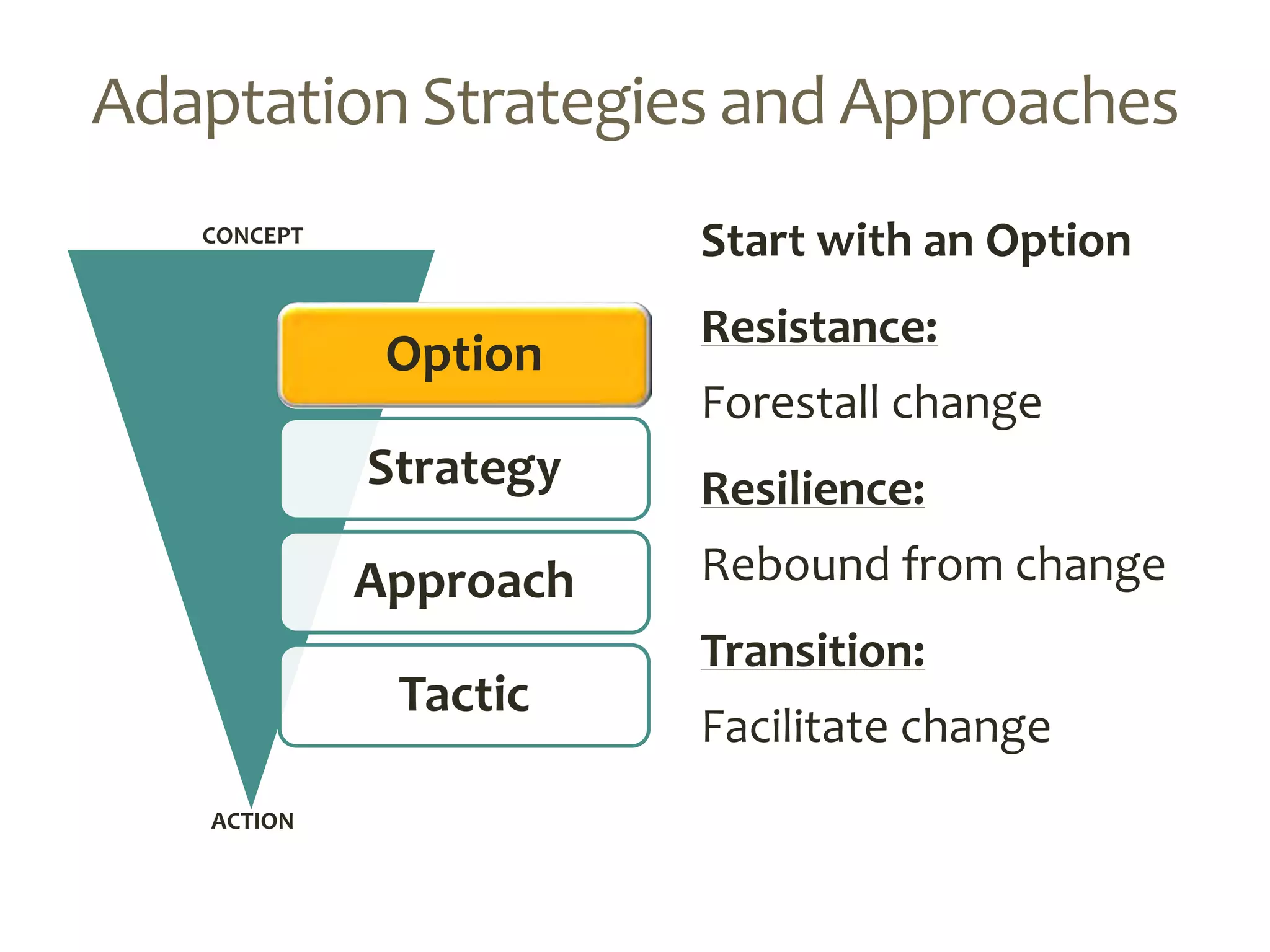 Option
Strategy
Approach
Tactic
ACTION
Adaptation Strategies and Approaches
CONCEPT Start with an Option
Resistance:
Forestall change
Resilience:
Rebound from change
Transition:
Facilitate change
 