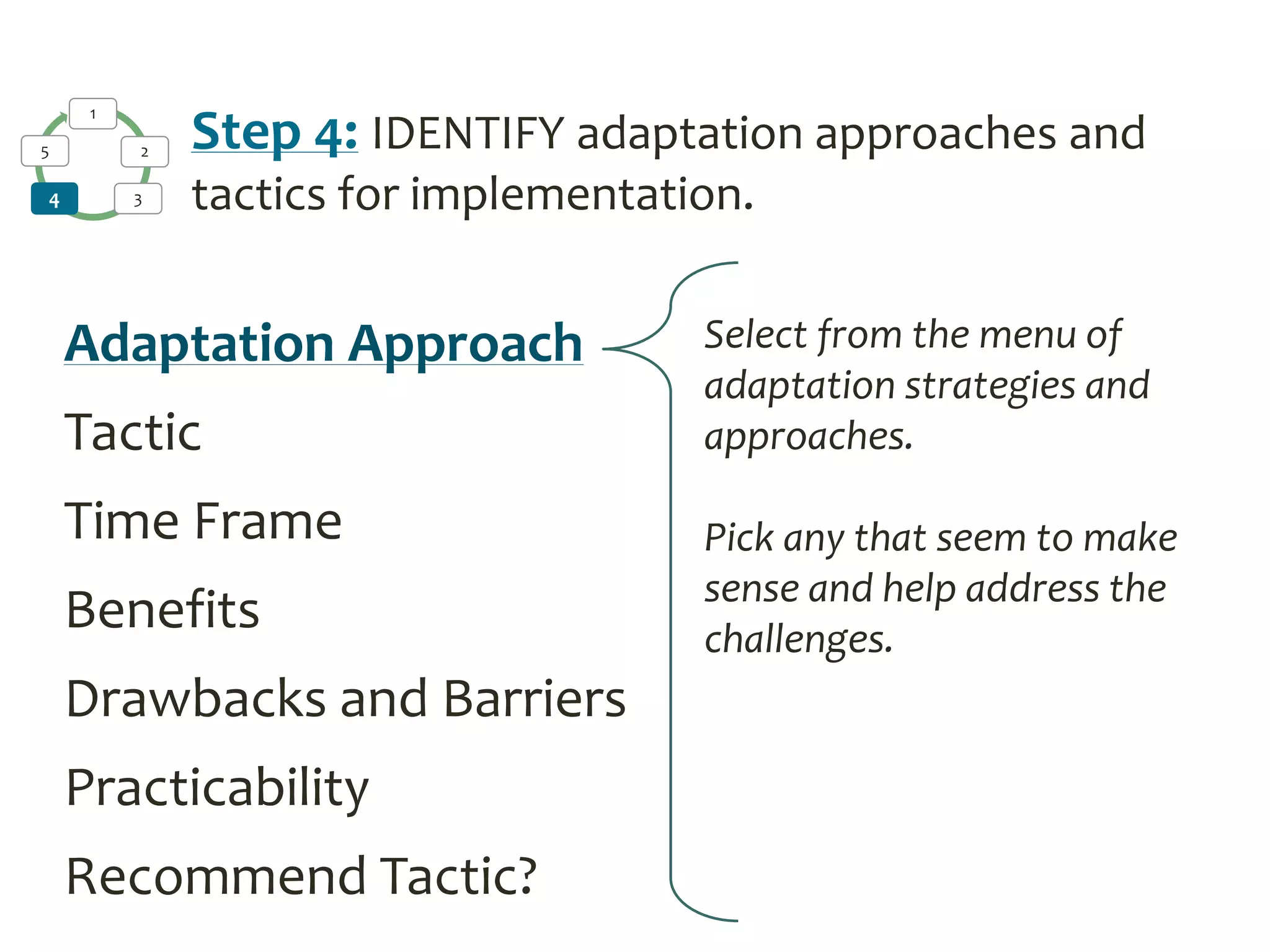 1
2
34
5 Step 4: IDENTIFY adaptation approaches and
tactics for implementation.
Adaptation Approach
Tactic
Time Frame
Benefits
Drawbacks and Barriers
Practicability
Recommend Tactic?
Select from the menu of
adaptation strategies and
approaches.
Pick any that seem to make
sense and help address the
challenges.
 