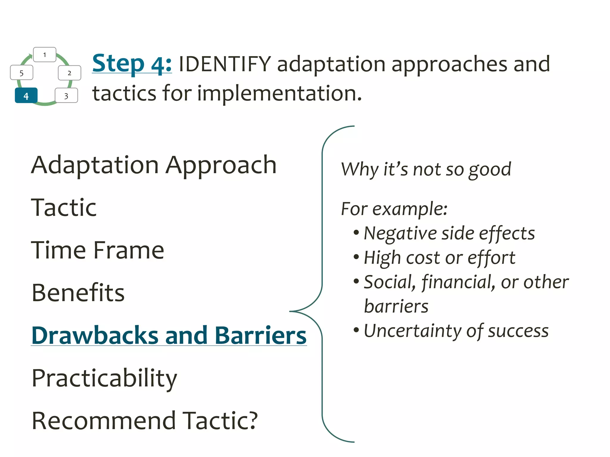 1
2
34
5 Step 4: IDENTIFY adaptation approaches and
tactics for implementation.
Adaptation Approach
Tactic
Time Frame
Benefits
Drawbacks and Barriers
Practicability
Recommend Tactic?
Why it’s not so good
For example:
• Negative side effects
• High cost or effort
• Social, financial, or other
barriers
• Uncertainty of success
 
