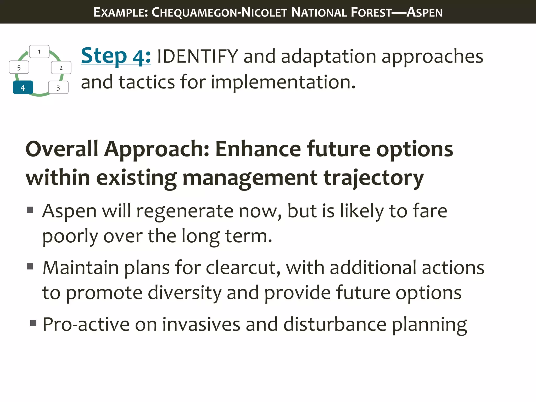 1
2
34
5
Overall Approach: Enhance future options
within existing management trajectory
 Aspen will regenerate now, but is likely to fare
poorly over the long term.
 Maintain plans for clearcut, with additional actions
to promote diversity and provide future options
 Pro-active on invasives and disturbance planning
Step 4: IDENTIFY and adaptation approaches
and tactics for implementation.
EXAMPLE: CHEQUAMEGON-NICOLET NATIONAL FOREST—ASPEN
 