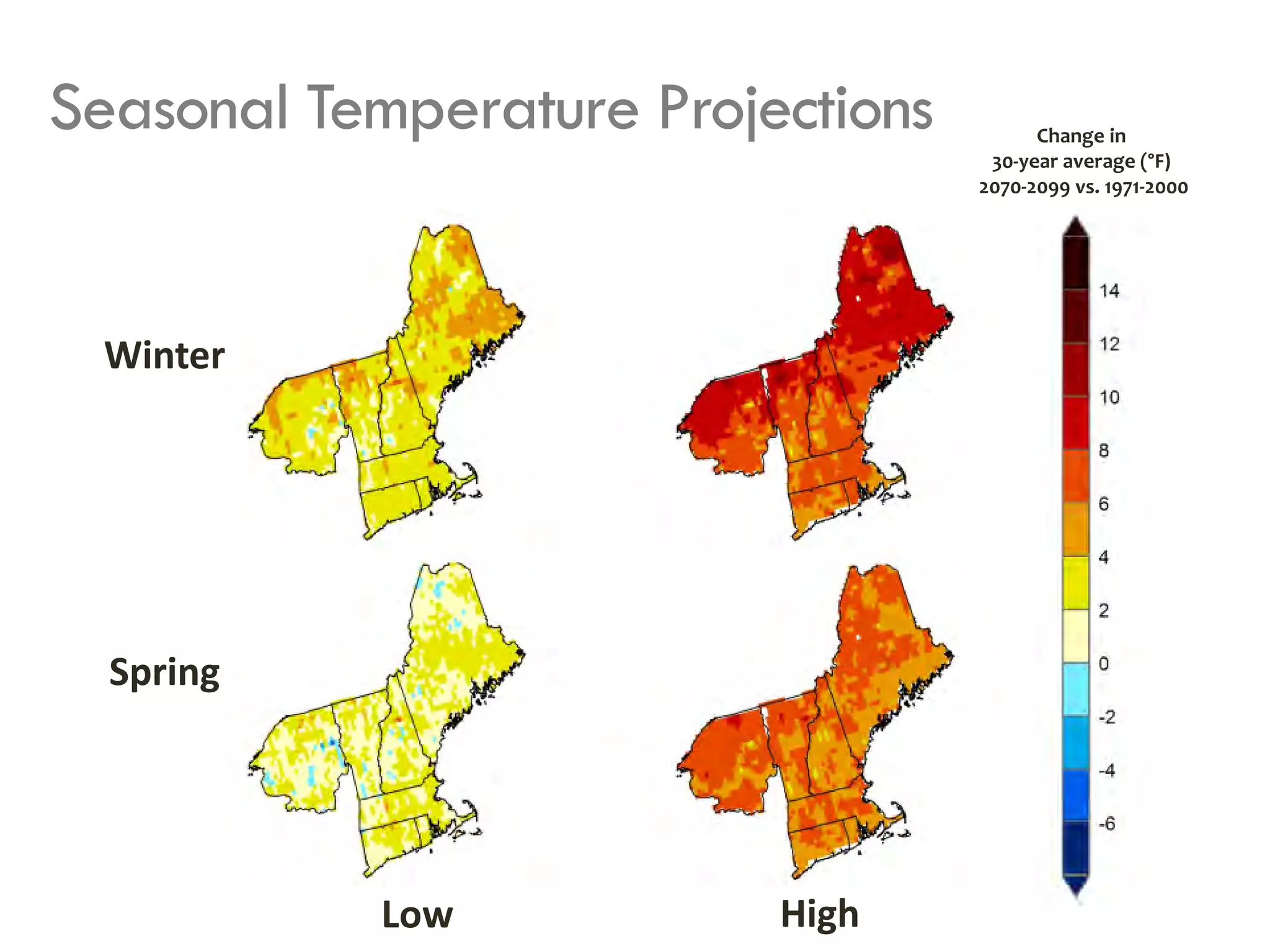 Seasonal Temperature Projections
Spring
Winter
Change in
30-year average (°F)
2070-2099 vs. 1971-2000
Low High
 
