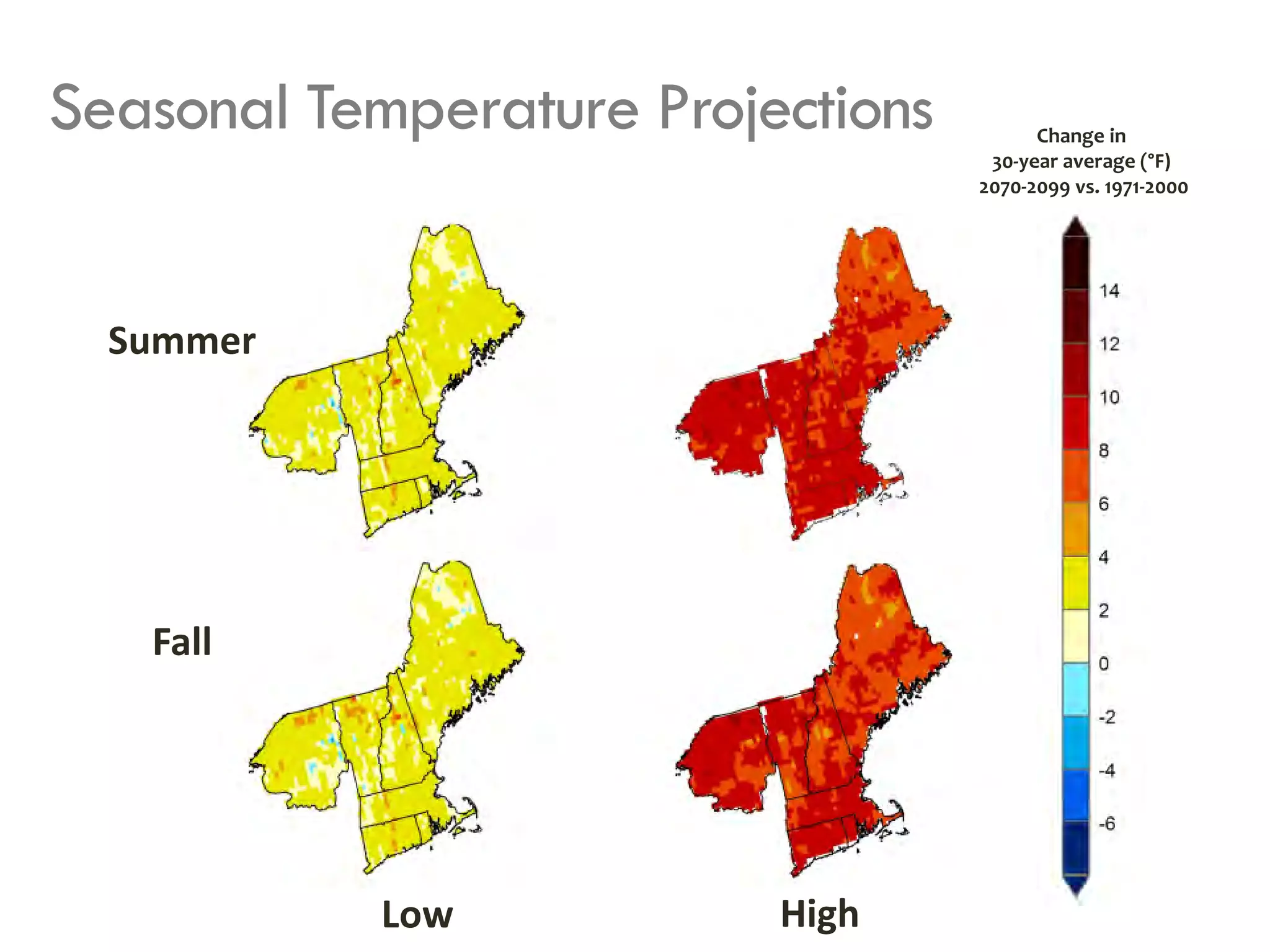 Seasonal Temperature Projections Change in
30-year average (°F)
2070-2099 vs. 1971-2000
Low High
Fall
Summer
 