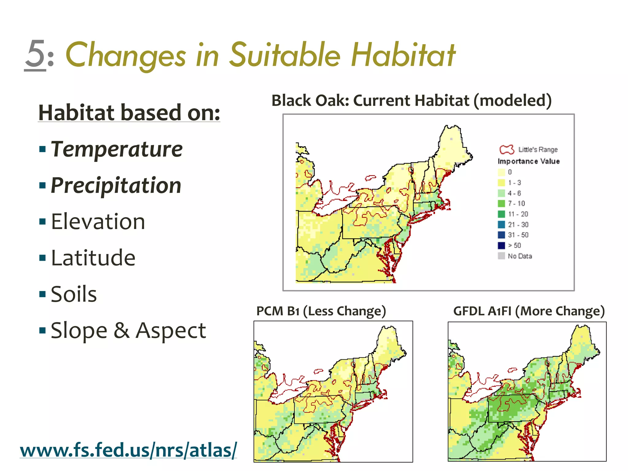 5: Changes in Suitable Habitat
Habitat based on:
Temperature
Precipitation
Elevation
Latitude
Soils
Slope & Aspect
Black Oak: Current Habitat (modeled)
PCM B1 (Less Change) GFDL A1FI (More Change)
www.fs.fed.us/nrs/atlas/
 