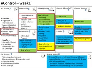 uControl – week1

                        • Develop Proof of     • Personalized
                                                                          • Ease of Use
                          Concept                shopping
• Partners:
                        • Integrate with         • Convenience
• Big Screen TV                                                           • Analytics &
                          partner solutions      • Recommendation                                    • Consumers
  manufacturers                                                             Decision support
                        • Market                 • Coupons etc.
• System Integrators
                          Development                                     • Service & Support
• Channel Partners                             • Drive in-store                                      Retailers:
                        • Alliances
• Software Vendors                               traffic                                             (Initially – Apparel)
• Content Mgmt                                 • Increase cross-                                     • Retail Mktg dept
  Provider                                       selling                                             • IT dept
• Network Providers     • Intellectual         • Targeted
                                                                          • Systems Integrators
                          Property               Advertising                                         • Systems Integrator
                                                                          • Channel partners
• Suppliers:            •Retail Store Infra.   • Analytics
                                                                          • Marketing agencies
• Microsoft (Kinect)      • Wifi/3G/NFC
                                               • Cost-effective           • Display vendors
• UC Berkeley             • Signage Player
  (Technology IP –        • Display              Interactive Digital      • AppStore
  UCB/CS dept)                                   Signage
                        • Smartphone


• Technology development                                     • Revenue Streams -> Software Licensing & Support
 (Human resources & Integration costs)                       • Value to Retailers -> Increase in-store traffic & sales
• IT Infrastructure                                          • Why will Retailers pay?
• Business development                                          • Superior shopping experience for customers
• Sales coverage                                                • Ability to cross-sell and up-sell to customers
 
