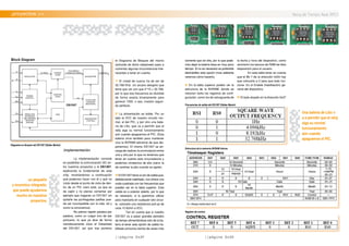 //página 0x2F //página 0x30
.proyectos >> Reloj de Tiempo Real (RTC)
.Implementación
La implementación consiste
en posibilitar la comunicación I2C en-
tre nuestros proyectos y el DS1307,
explicando lo fundamental de este
chip, mostrándonos a continuación
qué podemos hacer con él y qué no
(visto desde el punto de vista de den-
tro de un PIC claro está, ya que es
de cajón y no pienso comentar por
ejemplo que tragarse un DS1307 sin
quitarle las puntiagudas patillas pue-
de ser incompatible con la vida, tal y
como la conocemos).
No pienso repetir palabra por
palabra, como un vulgar loro de bar
portuario, lo que ya dice de forma
meridianamente clara el Datasheet
del DS1307, así que tras poneros
el Diagrama de Bloques del mismo
(extraído de dicho datasheet) paso a
comentar algunas circunstancias inte-
resantes a tener en cuenta.
1º El cristal de cuarzo ha de ser de
32.768 KHz. Un arcano designio que
tiene que ver con que 2^15 = 32.768,
por lo que esa frecuencia es divisible
de forma exacta binariamente para
generar 1000, o sea, nuestro segun-
do perfecto.
2º La alimentación es doble. Por un
lado el VCC de nuestro circuito nor-
mal, el del PIC, y por otro una bate-
ría de Litio, que va a permitir que el
reloj siga su normal funcionamiento
aún cuando apaguemos el PIC. (Esta
batería sirve también para mantener
viva la NVRAM adicional de que dis-
ponemos). El mismo DS1307 se en-
carga de realizar la conmutación entre
una y otra por lo que no tenemos que
tener en cuenta esta circunstancia y
podemos olvidarnos de ella (salvo la
de cambiar la pila cuando se agote).
3º El DS1307 tiene un pin de salida que,
debidamente habilitado, nos ofrece una
onda cuadrada con las frecuencias que
puedes ver en la tabla superior. Esta
salida es a colector abierto, por lo que
es necesario, si la queremos utilizar
para inyectarla en cualquier otro circui-
to, colocarle una resistencia pull-up de
unos 10 Kohm a VCC.
Ten en cuenta que si nuestro
DS1307 va a pasar grandes periodos
de tiempo alimentándose solo de la ba-
tería el tener esta opción de salida ha-
bilitada consume cientos de veces más
Diagrama en bloques del DS1307 (Dallas Maxim)
Frecuencias de salida del DS1307 (Dallas Maxim)
corriente que sin ella, por lo que pode-
mos dejar la batería tiesa en muy poco
tiempo. Si no es necesario es preferible
deshabilitar esta opción (mas adelante
veremos cómo hacerlo).
4º En la tabla superior podéis ver la
estructura de la NVRAM, donde se
mezclan tanto los registros de confi-
guración, como los de salvaguarda de
la fecha y hora del dispositivo, como
asimismo los bancos de RAM de libre
disposición para el usuario.
En esta tabla tener en cuenta
que el Bit 7 de la dirección 0x00 hay
que colocarla a 0 para que todo fun-
cione. Es el Enable (habilitación) ge-
neral del dispositivo.
5º El byte alojado en la dirección 0x07
Estructura de la memoria NVRAM interna.
Registro de control.
Una batería de Litio v
a a permitir que el reloj
siga su normal
funcionamiento
aún cuando
apaguemos el PIC.
un pequeño
y econmico integrado,
que puede ayudarnos
mucho en nuestros
proyectos.
 