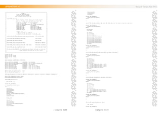 //página 0x33 //página 0x34
///////////////////////////////////////////////////////////////////////////////////////
/// DS1307.C ///
/// Driver for Real Time Clock ///
/// modified by Redpic 08/2006 ///
/// http://picmania.garcia-cuervo.com ///
/// ///
/// void ds1307_init(val) ///
/// - Enable oscillator without clearing the seconds register ///
/// used when PIC loses power and DS1307 run from 3V BAT ///
/// - Config Control Register with next parameters: ///
/// DS1307_ALL_DISABLED All disabled ///
/// DS1307_OUT_ON_DISABLED_HIHG Out to Hight on Disable Out ///
/// DS1307_OUT_ENABLED Out Enabled ///
/// DS1307_OUT_1_HZ Freq. Out to 1 Hz ///
/// DS1307_OUT_4_KHZ Freq. Out to 4.096 Khz ///
/// DS1307_OUT_8_KHZ Freq. Out to 8.192 Khz ///
/// DS1307_OUT_32_KHZ Freq. Out to 32.768 Khz ///
/// ///
/// Example init: ///
/// ds1307_init(DS1307_ALL_DISABLED); ///
/// ds1307_init(DS1307_OUT_ENABLED | DS1307_OUT_1_HZ); ///
/// ///
/// void ds1307_set_date_time(day,mth,year,dow,hour,min,sec) - Set the date/time ///
/// ///
/// void ds1307_get_date(day,mth,year,dow) - Get the date ///
/// ///
/// void ds1307_get_time(hr,min,sec) - Get the time ///
/// ///
/// char ds1307_read_nvram_byte(char addr) - Read byte in address ///
/// ///
/// void ds1307_write_nvram_byte(char addr, char value) - Write byte in address ///
/// ///
/// void ds1307_get_day_of_week(char* ptr) - Get string Day Of Week///
/// ///
/// If defined USE_INTERRUPTS all functions disable Global Interrupts on starts and ///
/// enable Global on ends else usar can do it hiself ///
/// ///
///////////////////////////////////////////////////////////////////////////////////////
#ifndef RTC_SDA
#define RTC_SDA PIN_B0
#define RTC_SCL PIN_B1
#endif
#use i2c(master, sda=RTC_SDA, scl=RTC_SCL)
#define DS1307_ALL_DISABLED 0b00000000 // All disabled
#define DS1307_OUT_ON_DISABLED_HIHG 0b10000000 // Out to Hight on Disable Out
#define DS1307_OUT_ENABLED 0b00010000 // Out Enabled
#define DS1307_OUT_1_HZ 0b00000000 // Freq. Out to 1 Hz
#define DS1307_OUT_4_KHZ 0b00000001 // Freq. Out to 4.096 Khz
#define DS1307_OUT_8_KHZ 0b00000010 // Freq. Out to 8.192 Khz
#define DS1307_OUT_32_KHZ 0b00000011 // Freq. Out to 32.768 Khz
#define Start_user_address_nvram 0x08
#define End_user_address_nvram 0x3f
char days_of_week[7][11]={“Lunes0”,”Martes0”,”Miércoles0”,”Jueves0”,”Viernes0”,”Sábado0”,”Domingo0”};
byte ds1307_bin2bcd(byte binary_value);
byte ds1307_bcd2bin(byte bcd_value);
void ds1307_init(int val){
byte seconds = 0;
#ifndef USE_INTERRUPTS
disable_interrupts(global);
#endif
i2c_start();
i2c_write(0xD0);
i2c_write(0x00);
i2c_start();
i2c_write(0xD1);
seconds = ds1307_bcd2bin(i2c_read(0));
i2c_stop();
seconds &= 0x7F;
delay_us(3);
i2c_start();
i2c_write(0xD0);
i2c_write(0x00);
i2c_write(ds1307_bin2bcd(seconds));
i2c_start();
i2c_write(0xD0);
.proyectos >> Reloj de Tiempo Real (RTC)
i2c_write(0x07);
i2c_write(val);
i2c_stop();
#ifndef USE_INTERRUPTS
enable_interrupts(global);
#endif
}
void ds1307_set_date_time(byte day, byte mth, byte year, byte dow, byte hr, byte min, byte sec){
#ifndef USE_INTERRUPTS
disable_interrupts(global);
#endif
sec &= 0x7F;
hr &= 0x3F;
i2c_start();
i2c_write(0xD0);
i2c_write(0x00);
i2c_write(ds1307_bin2bcd(sec));
i2c_write(ds1307_bin2bcd(min));
i2c_write(ds1307_bin2bcd(hr));
i2c_write(ds1307_bin2bcd(dow));
i2c_write(ds1307_bin2bcd(day));
i2c_write(ds1307_bin2bcd(mth));
i2c_write(ds1307_bin2bcd(year));
i2c_stop();
#ifndef USE_INTERRUPTS
enable_interrupts(global);
#endif
}
void ds1307_get_date(byte &day, byte &mth, byte &year, byte &dow){
#ifndef USE_INTERRUPTS
disable_interrupts(global);
#endif
i2c_start();
i2c_write(0xD0);
i2c_write(0x03);
i2c_start();
i2c_write(0xD1);
dow = ds1307_bcd2bin(i2c_read() & 0x7f);
day = ds1307_bcd2bin(i2c_read() & 0x3f);
mth = ds1307_bcd2bin(i2c_read() & 0x1f);
year = ds1307_bcd2bin(i2c_read(0));
i2c_stop();
#ifndef USE_INTERRUPTS
enable_interrupts(global);
#endif
}
void ds1307_get_time(byte &hr, byte &min, byte &sec){
#ifndef USE_INTERRUPTS
disable_interrupts(global);
#endif
i2c_start();
i2c_write(0xD0);
i2c_write(0x00);
i2c_start();
i2c_write(0xD1);
sec = ds1307_bcd2bin(i2c_read() & 0x7f);
min = ds1307_bcd2bin(i2c_read() & 0x7f);
hr = ds1307_bcd2bin(i2c_read(0) & 0x3f);
i2c_stop();
#ifndef USE_INTERRUPTS
enable_interrupts(global);
#endif
}
char ds1307_read_nvram_byte(char addr){
char retval;
#ifndef USE_INTERRUPTS
 
