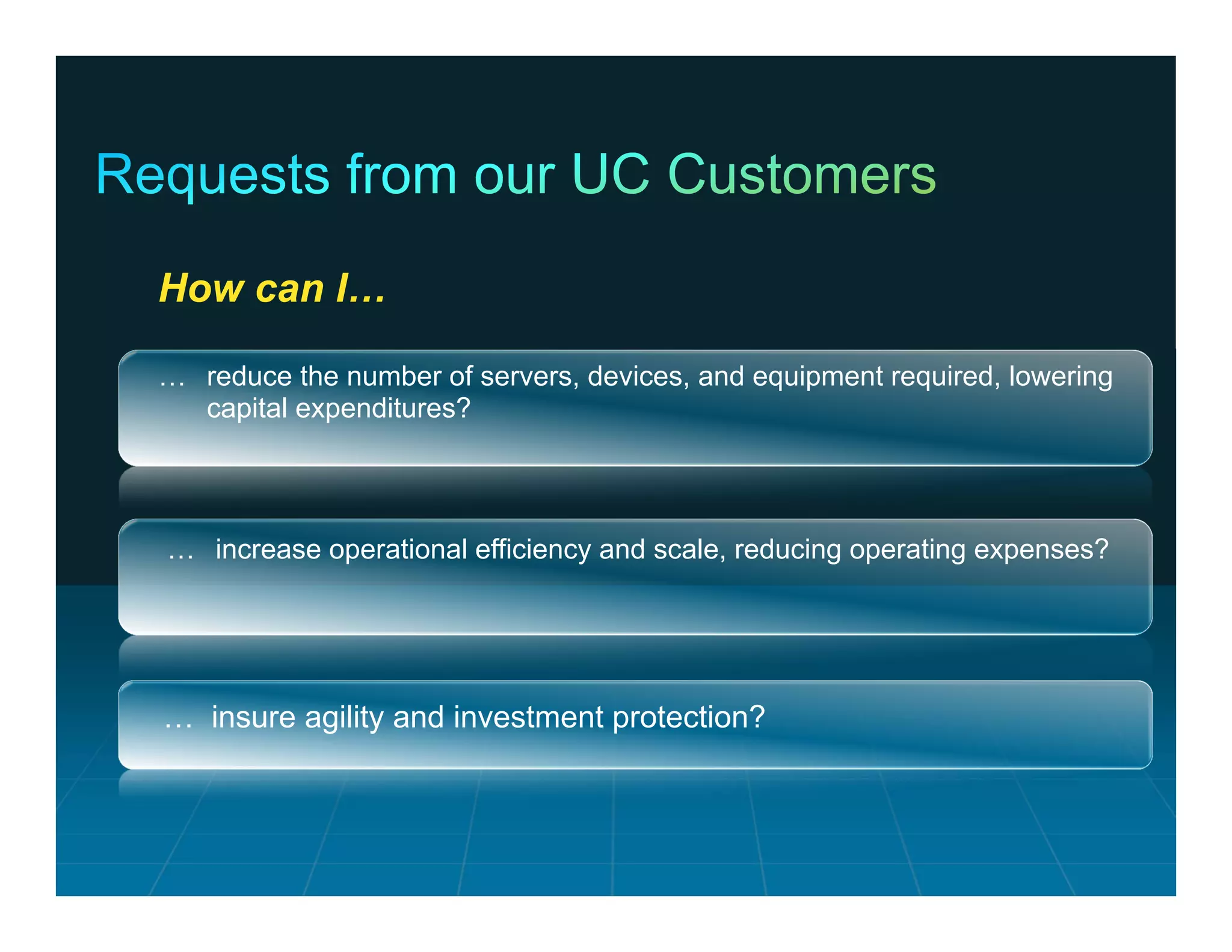 How can I…

               … reduce the number of servers, devices, and equipment required, lowering
                 capital expenditures?




                  … increase operational efficiency and scale, reducing operating expenses?




                 … insure agility and investment protection?



© 2011 Cisco and/or its affiliates. All rights reserved.                            Cisco Confidential   14
 