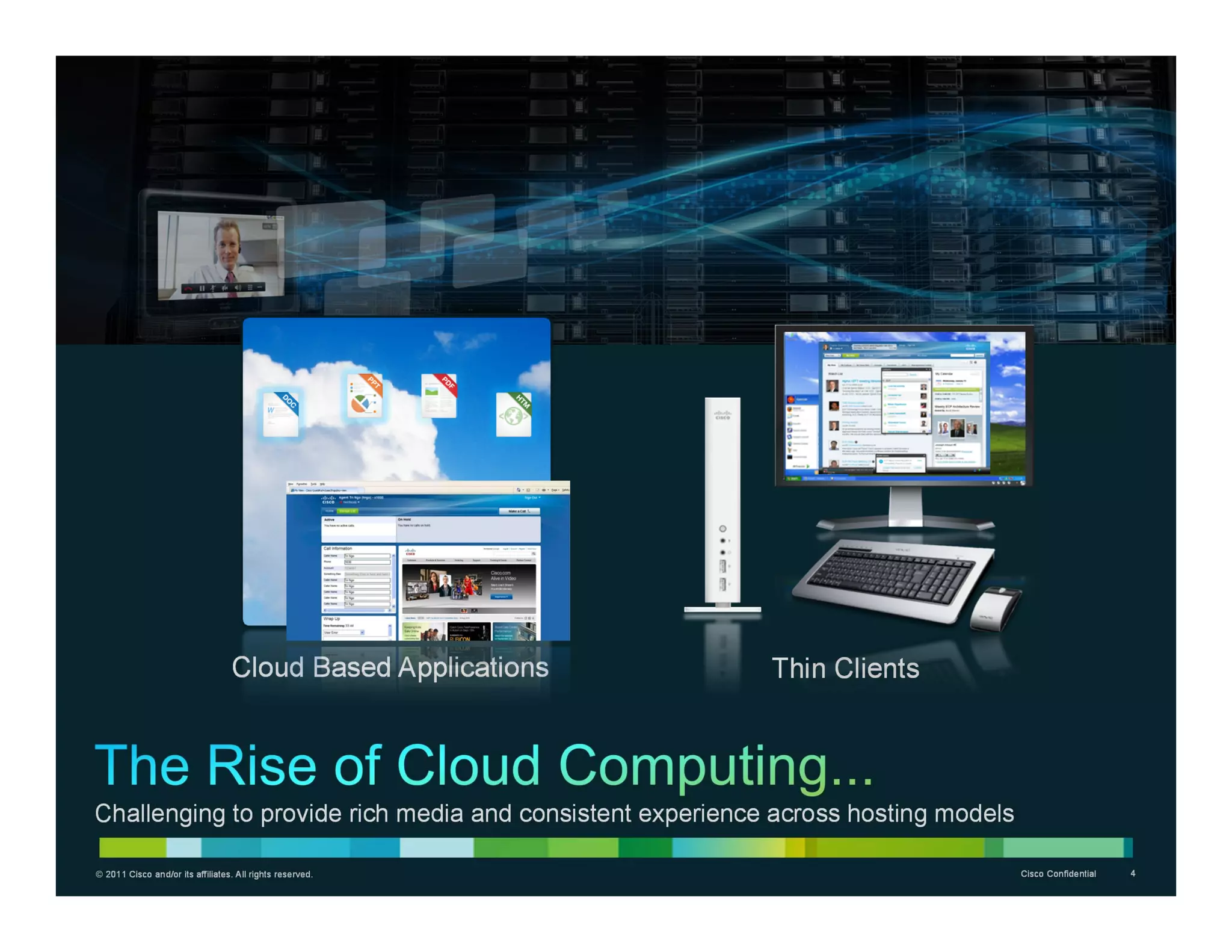 Cloud Based Applications   Thin Clients




Challenging to provide rich media and consistent experience across hosting models

© 2011 Cisco and/or its affiliates. All rights reserved.                            Cisco Confidential   4
 