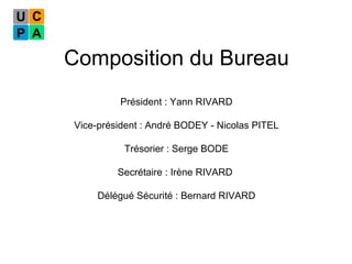 Composition du Bureau Président : Yann RIVARD Vice-président : André BODEY - Nicolas PITEL Trésorier : Serge BODE Secrétaire : Irène RIVARD  Délégué Sécurité : Bernard RIVARD 