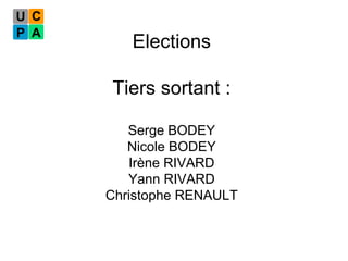Elections Tiers sortant : Serge BODEY Nicole BODEY Irène RIVARD Yann RIVARD Christophe RENAULT 
