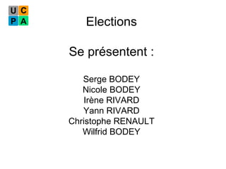 Elections Se présentent : Serge BODEY Nicole BODEY Irène RIVARD Yann RIVARD Christophe RENAULT Wilfrid BODEY 