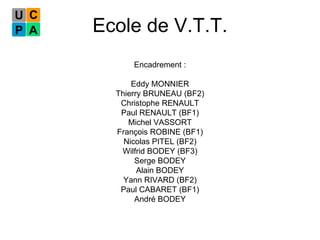 Ecole de V.T.T. Encadrement : Eddy MONNIER Thierry BRUNEAU (BF2) Christophe RENAULT Paul RENAULT (BF1) Michel VASSORT François ROBINE (BF1) Nicolas PITEL (BF2) Wilfrid BODEY (BF3) Serge BODEY Alain BODEY Yann RIVARD (BF2) Paul CABARET (BF1) André BODEY 