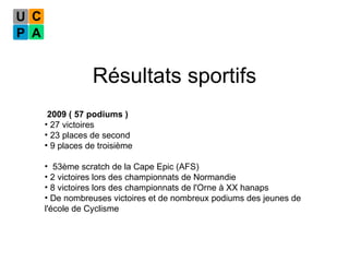 Résultats sportifs 2009 ( 57 podiums ) 27 victoires 23 places de second 9 places de troisième 53ème scratch de la Cape Epic (AFS) 2 victoires lors des championnats de Normandie 8 victoires lors des championnats de l'Orne à XX hanaps De nombreuses victoires et de nombreux podiums des jeunes de l'école de Cyclisme 
