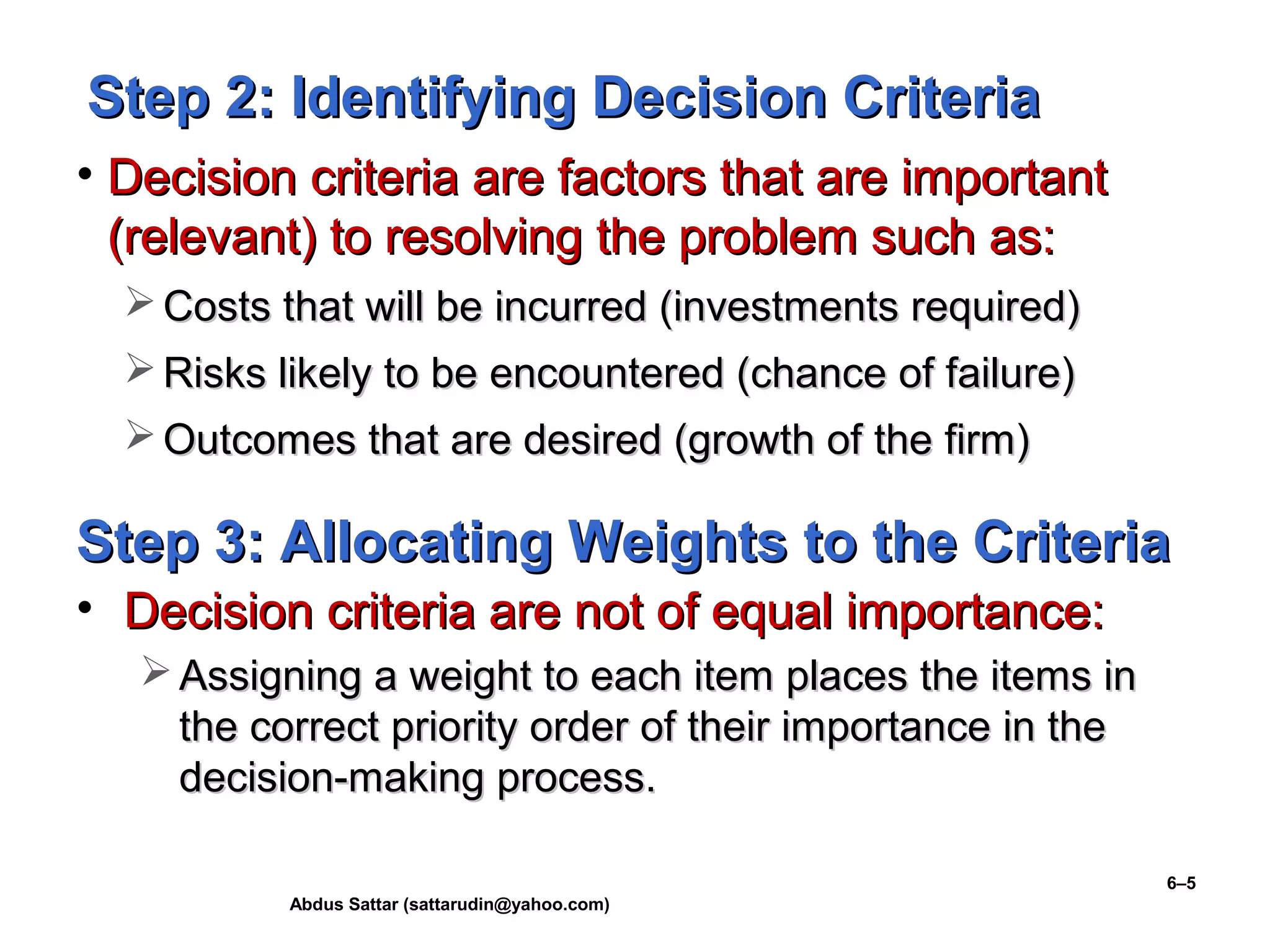 Abdus Sattar (sattarudin@yahoo.com)
6–5
Step 2: Identifying Decision CriteriaStep 2: Identifying Decision Criteria
• Decision criteria are factors that are importantDecision criteria are factors that are important
(relevant) to resolving the problem such as:(relevant) to resolving the problem such as:
 Costs that will be incurred (investments required)Costs that will be incurred (investments required)
 Risks likely to be encountered (chance of failure)Risks likely to be encountered (chance of failure)
 Outcomes that are desired (growth of the firm)Outcomes that are desired (growth of the firm)
Step 3: Allocating Weights to the CriteriaStep 3: Allocating Weights to the Criteria
• Decision criteria are not of equal importance:Decision criteria are not of equal importance:
 Assigning a weight to each item places the items inAssigning a weight to each item places the items in
the correct priority order of their importance in thethe correct priority order of their importance in the
decision-making process.decision-making process.
 