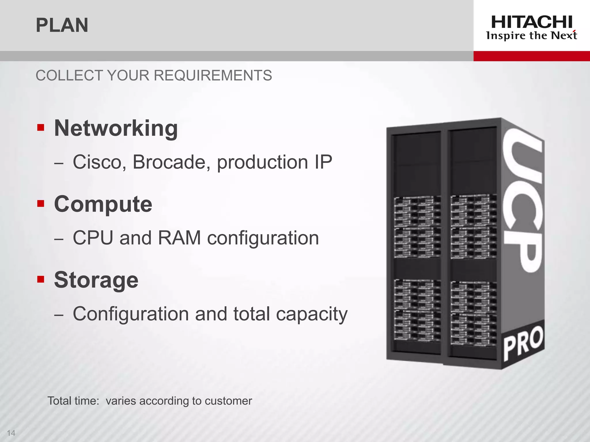 PLAN
COLLECT YOUR REQUIREMENTS

 Networking
‒ Cisco, Brocade, production IP

 Compute
‒ CPU and RAM configuration

 Storage
‒ Configuration and total capacity

Total time: varies according to customer

 