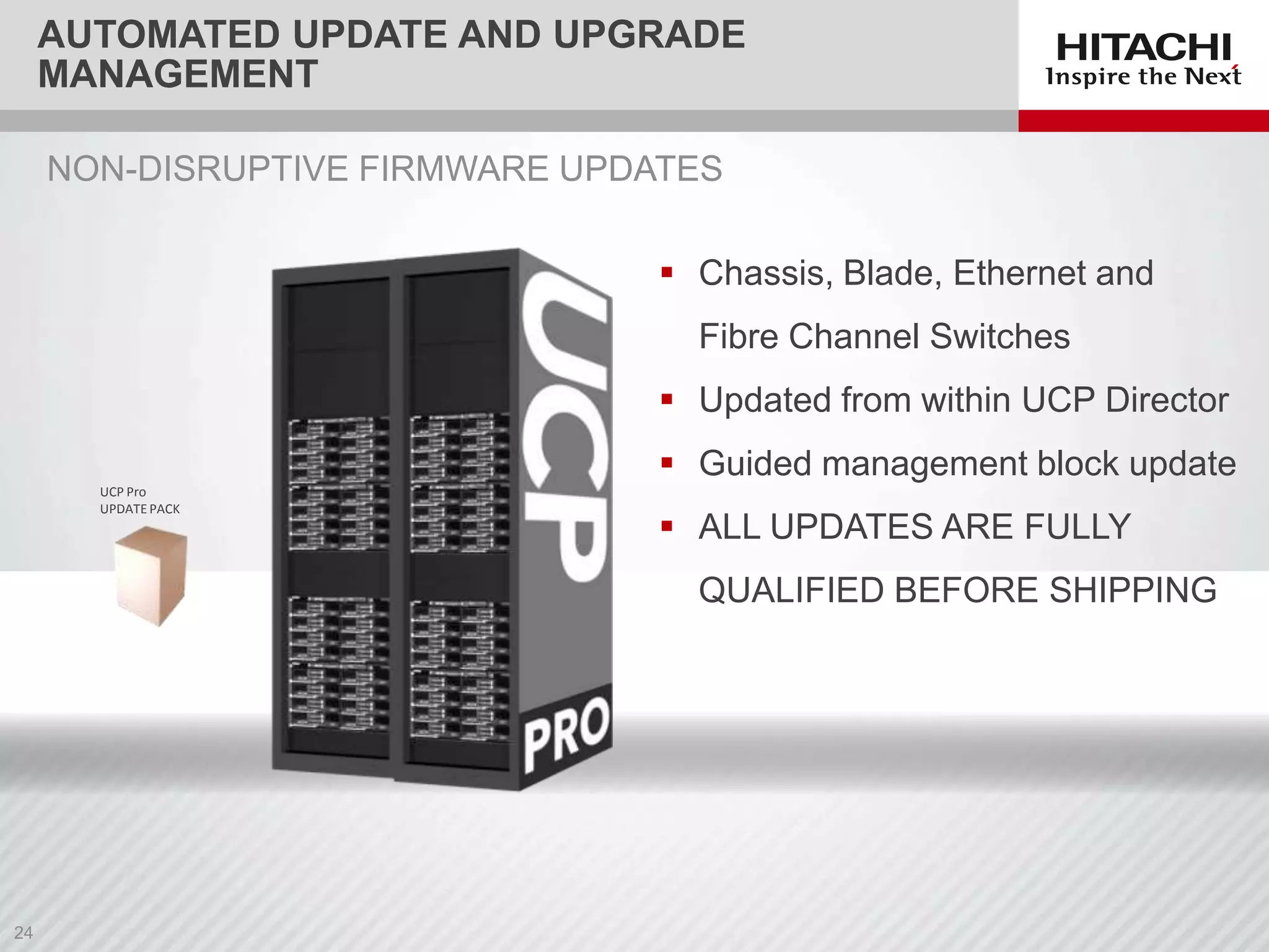 AUTOMATED UPDATE AND UPGRADE
MANAGEMENT
NON-DISRUPTIVE FIRMWARE UPDATES
 Chassis, Blade, Ethernet and
Fibre Channel Switches
 Updated from within UCP Director
 Guided management block update
UCP Pro
UPDATE PACK

 ALL UPDATES ARE FULLY
QUALIFIED BEFORE SHIPPING

 