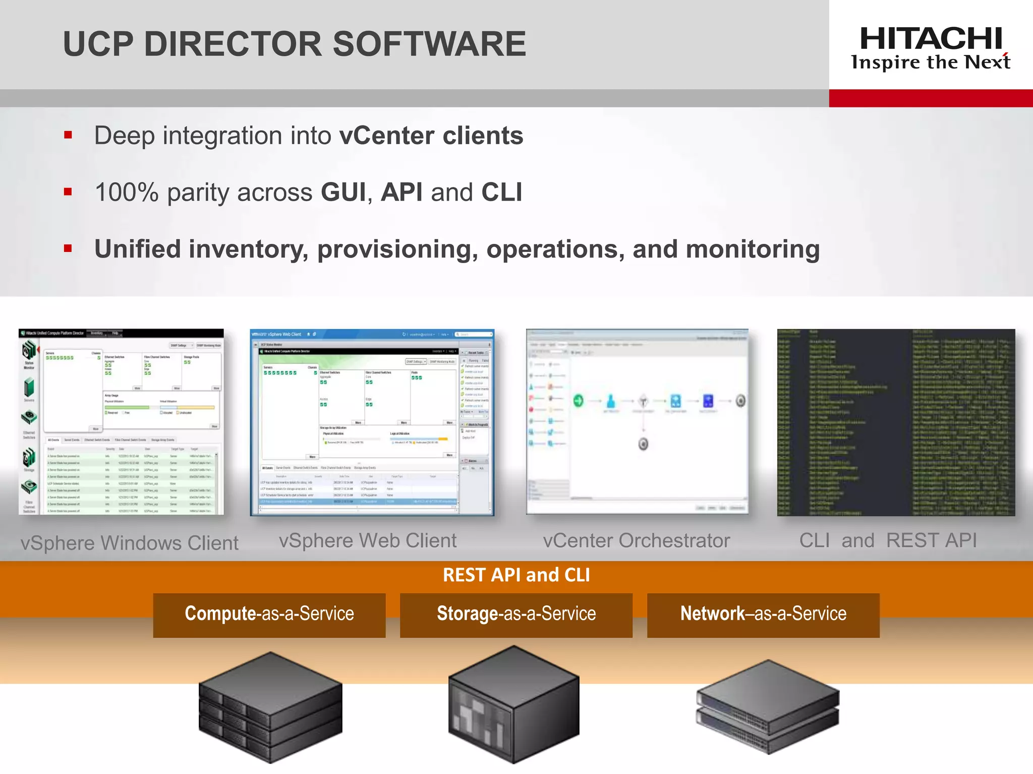 UCP DIRECTOR SOFTWARE
 Deep integration into vCenter clients
 100% parity across GUI, API and CLI
 Unified inventory, provisioning, operations, and monitoring

vSphere Windows Client

vSphere Web Client

vCenter Orchestrator

CLI and REST API

REST API and CLI
Compute-as-a-Service

Storage-as-a-Service

Network–as-a-Service

 