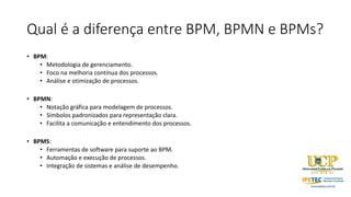 Qual é a diferença entre BPM, BPMN e BPMs?
• BPM:
• Metodologia de gerenciamento.
• Foco na melhoria contínua dos processos.
• Análise e otimização de processos.
• BPMN:
• Notação gráfica para modelagem de processos.
• Símbolos padronizados para representação clara.
• Facilita a comunicação e entendimento dos processos.
• BPMS:
• Ferramentas de software para suporte ao BPM.
• Automação e execução de processos.
• Integração de sistemas e análise de desempenho.
 