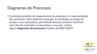 Diagramas de Processos
• O principal produto do mapeamento de processos é a representação
dos processos. Nela podemos enxergar as atividades ao longo do
tempo e seus executores, permitindo diversas análises. Para ficar
mais fácil de entender e materializar o assunto, confira
alguns diagramas de processos trazidos do BPM CBOK®:
 
