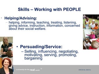 CRICOS No. 000213Ja university for the worldreal
R
Skills – Working with PEOPLE
• Helping/Advising:
– helping, informing, teaching, treating, listening,
giving advice, instruction, information, concerned
about their social welfare.
• Persuading/Service:
– Selling, influencing, negotiating,
motivating, serving, promoting,
bargaining
 