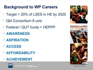 CRICOS No. 000213Ja university for the worldreal
R
Background to WP Careers
• Target = 20% of LSES in HE by 2020
• Qld Consortium 8 unis
• Federal / QUT funds = HEPPP
AWARENESS
ASPIRATION
ACCESS
AFFORDABILITY
ACHIEVEMENT
 