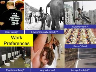 CRICOS No. 000213Ja university for the worldreal
R
Busy Office?
An eye for detail?
Outdoor work?
Environmentally-friendly?Risk taking?
A good nose?Problem-solving?
Work
Preferences
 