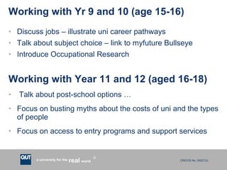 CRICOS No. 000213Ja university for the worldreal
R
• Discuss jobs – illustrate uni career pathways
• Talk about subject choice – link to myfuture Bullseye
• Introduce Occupational Research
Working with Year 11 and 12 (aged 16-18)
• Talk about post-school options …
• Focus on busting myths about the costs of uni and the types
of people
• Focus on access to entry programs and support services
Working with Yr 9 and 10 (age 15-16)
 