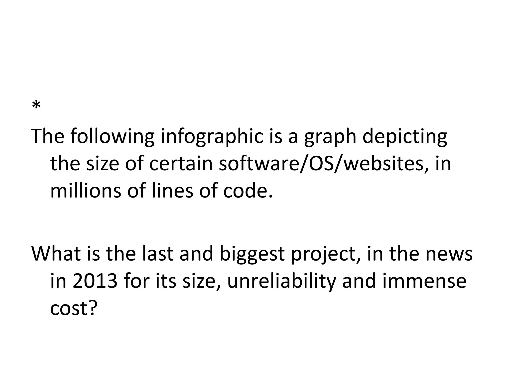 *
The following infographic is a graph depicting
the size of certain software/OS/websites, in
millions of lines of code.
What is the last and biggest project, in the news
in 2013 for its size, unreliability and immense
cost?
 