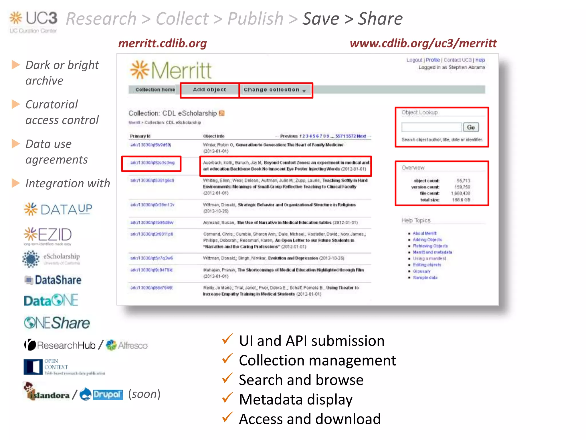 Research > Collect > Publish > Save > Share
                     merritt.cdlib.org                     www.cdlib.org/uc3/merritt
 Dark or bright
  archive
 Curatorial
  access control
 Data use
  agreements
 Integration with




                                            UI and API submission
                                            Collection management
                                            Search and browse
                      (soon)
                                            Metadata display
                                            Access and download
 