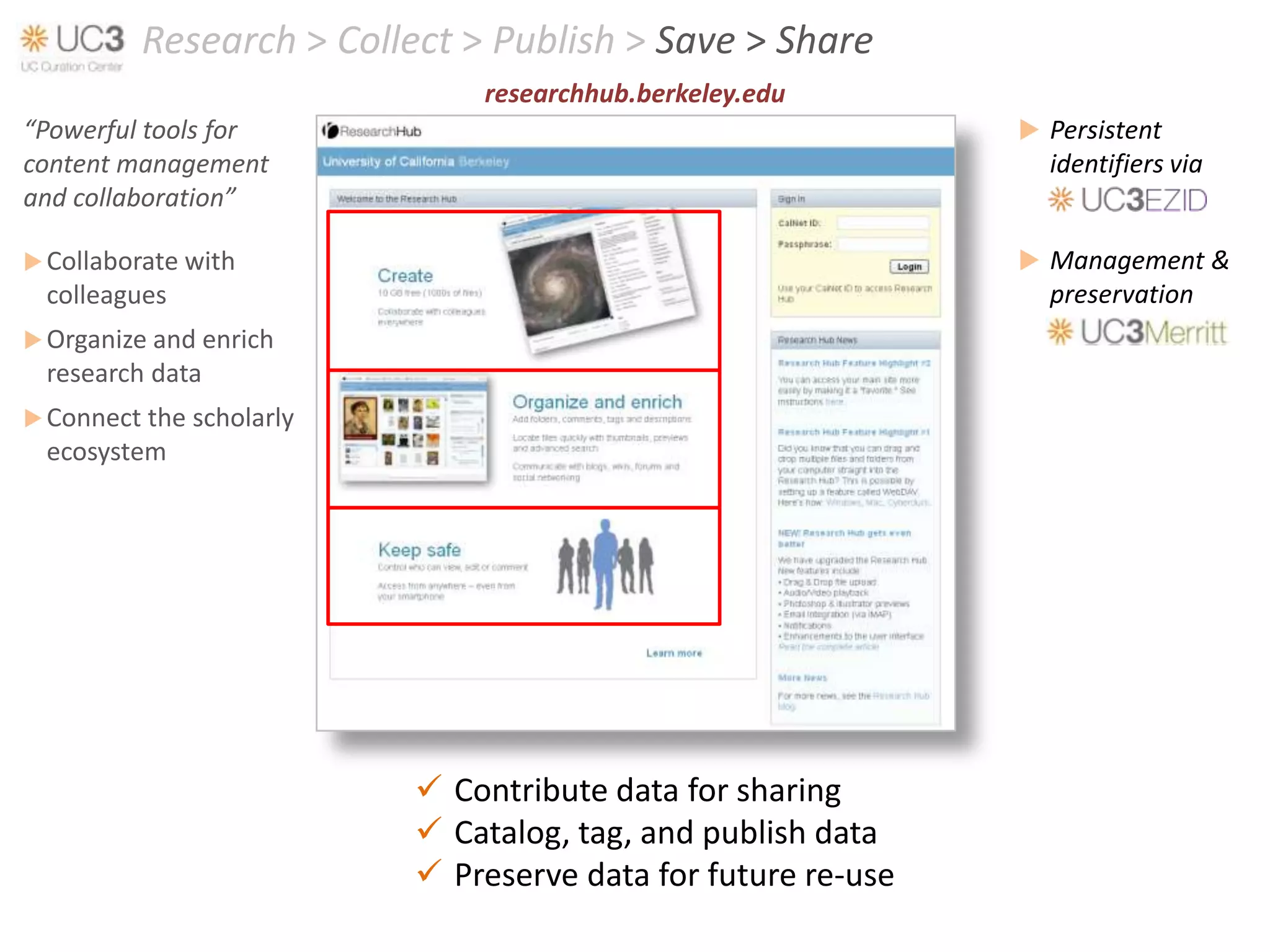 Research > Collect > Publish > Save > Share
                              researchhub.berkeley.edu
“Powerful tools for                                            Persistent
content management                                              identifiers via
and collaboration”

 Collaborate with                                             Management &
 colleagues                                                     preservation
 Organize and enrich
 research data
 Connect the scholarly
 ecosystem




                           Contribute data for sharing
                           Catalog, tag, and publish data
                           Preserve data for future re-use
 