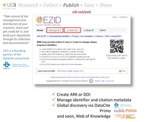 Research > Collect > Publish > Save > Share
                                     n2t.net/ezid
“Take control of the
management and
distribution of your
research, share and
get credit for it, and
build your reputation
through its collection
and documentation”

UC3 is a founding
partner of the
DataCite consortium




                            Create ARK or DOI
                            Manage identifier and citation metadata
                            Global discovery via DataCite
                                                    Primo
                             and soon, Web of Knowledge
 