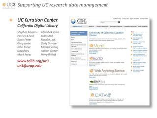 Supporting UC research data management

   UC Curation Center
    California Digital Library
    Stephen Abrams   Abhishek Salve
    Patricia Cruse   Joan Starr
    Scott Fisher     Rosalie Lack
    Greg Janée       Carly Strasser
    John Kunze       Marisa Strong
    David Loy        Adrian Turner
    Mark Reyes       Perry Willett

    www.cdlib.org/uc3
    uc3@ucop.edu
 