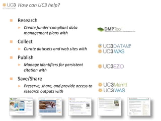How can UC3 help?

   Research
    ►   Create funder-compliant data
        management plans with
   Collect
    ►   Curate datasets and web sites with
   Publish
    ►   Manage identifiers for persistent
        citation with
   Save/Share
    ►   Preserve, share, and provide access to
        research outputs with
 
